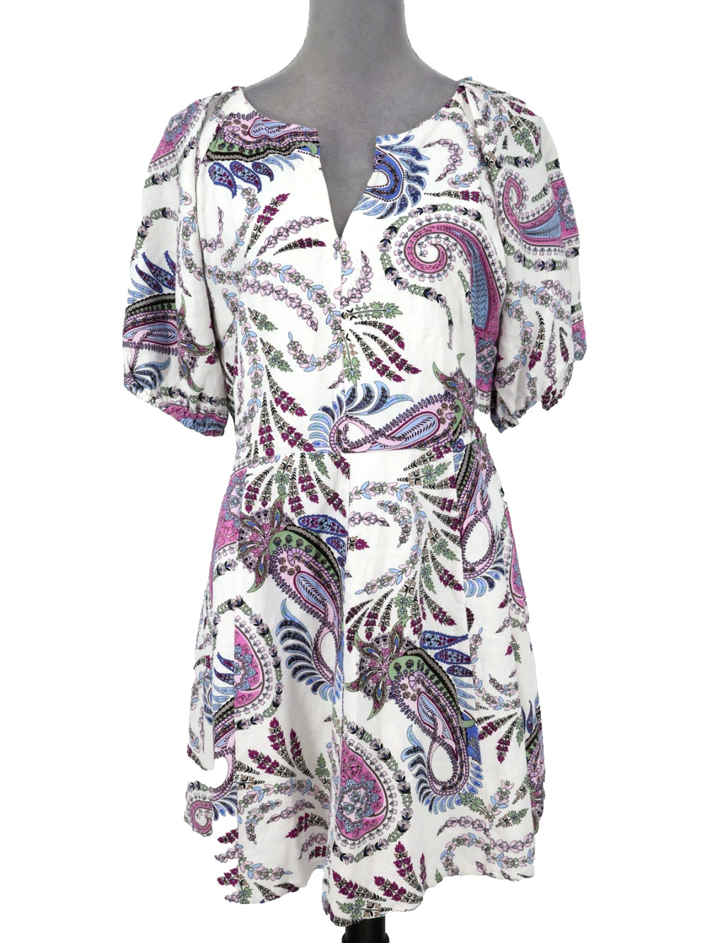 Loft Dress Petites 12P White Pink Paisley Linen Blend Back Zip Cotton Lining